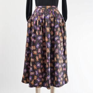 Vintage 80s Gray Geometric Silk Metallic Full Pleated Midi Skirt with Pockets S